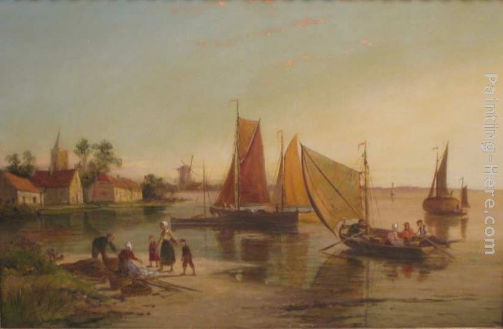 Shore View with Figures by Boats painting - William Raymond Dommersen Shore View with Figures by Boats art painting